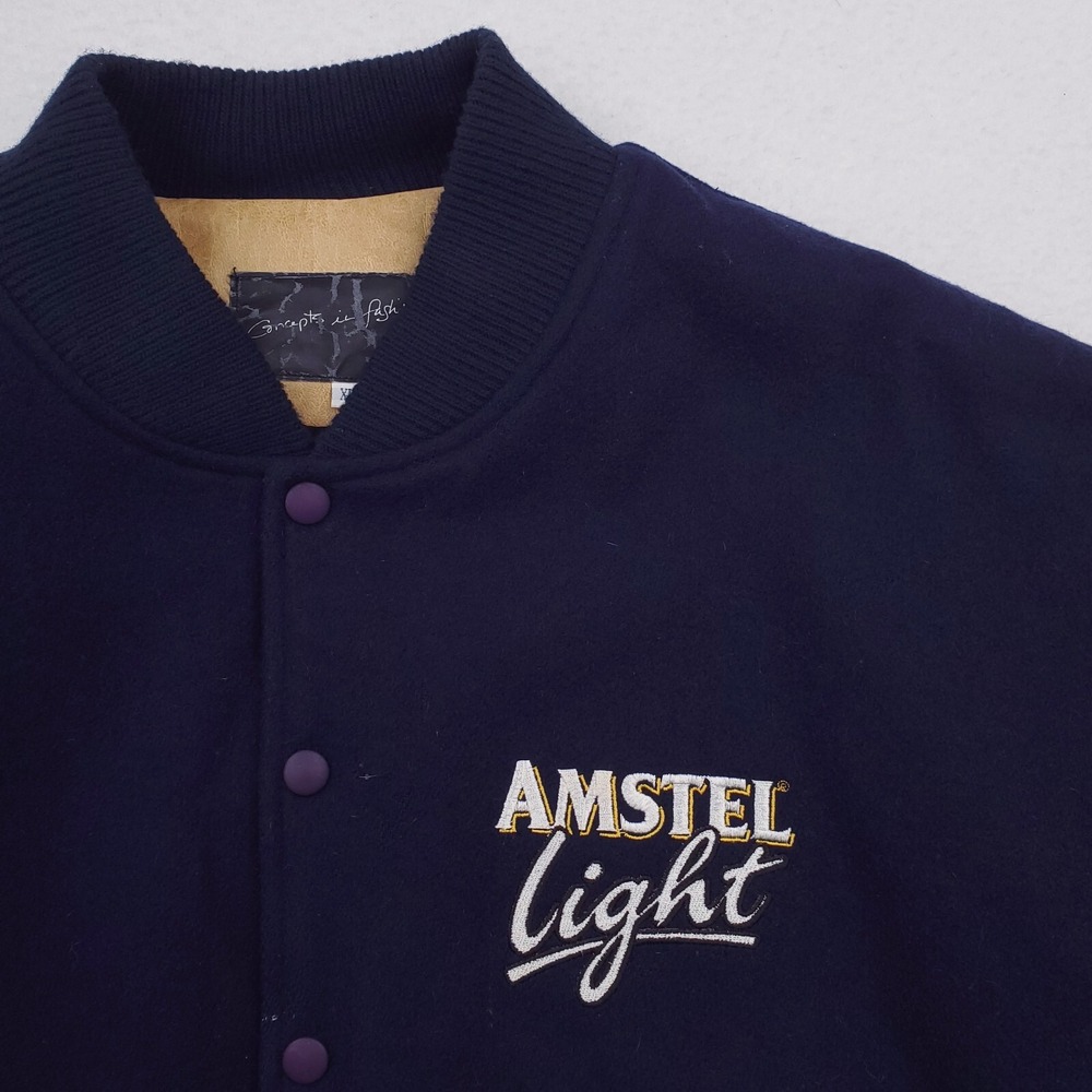 Vintage Amstel Light Jacket Mens XL Blue Tan Varsity Letterman Bomber Beer - Picture 2 of 16